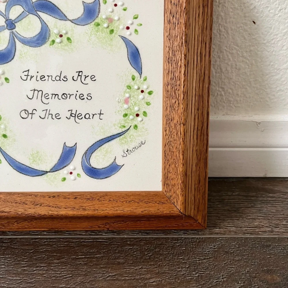Wooden Framed Ceramic Wall Art with Blue Accents 9/9 Inch